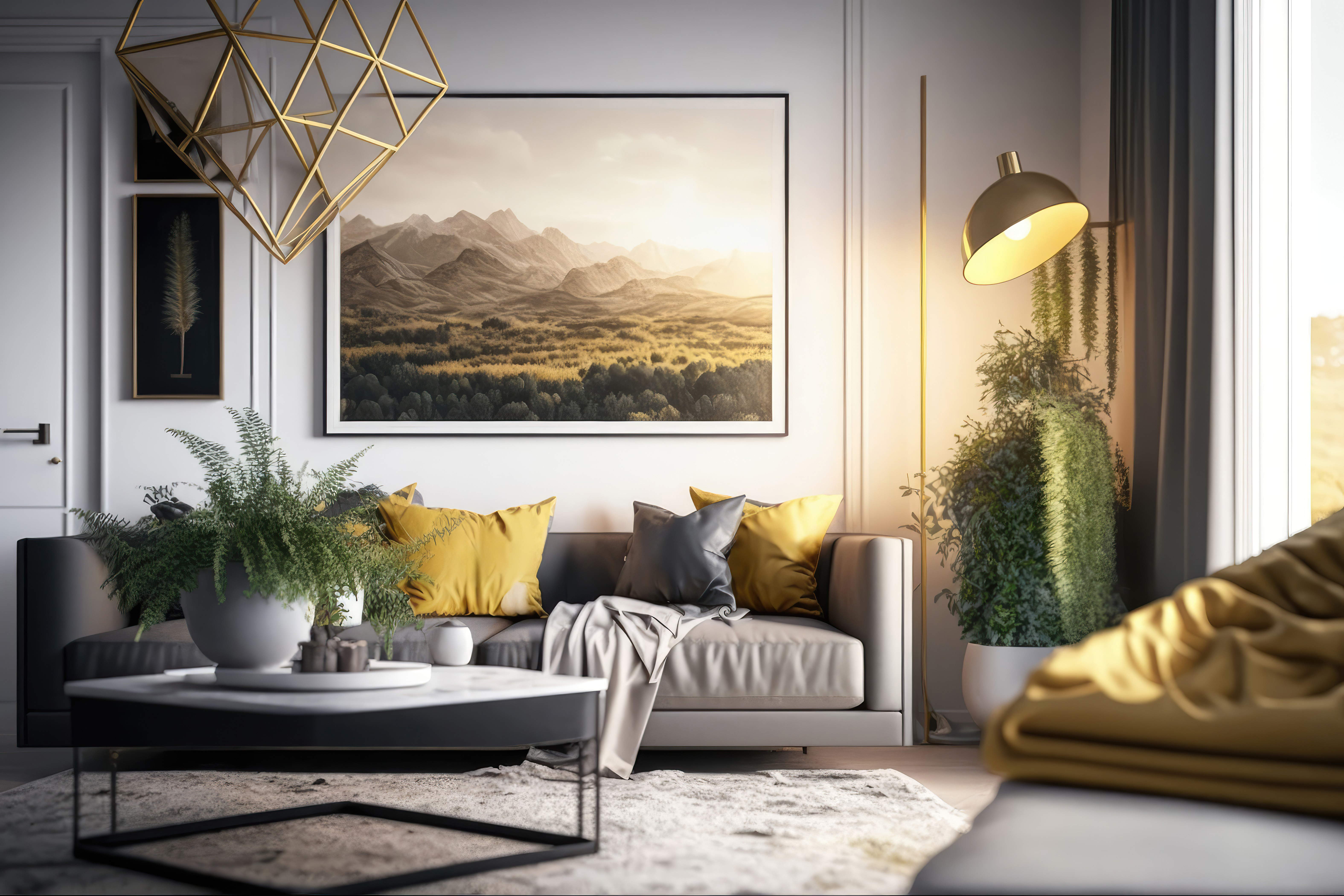 Luxury interior of modern living room with white sofa, coffee table and frame on the wall